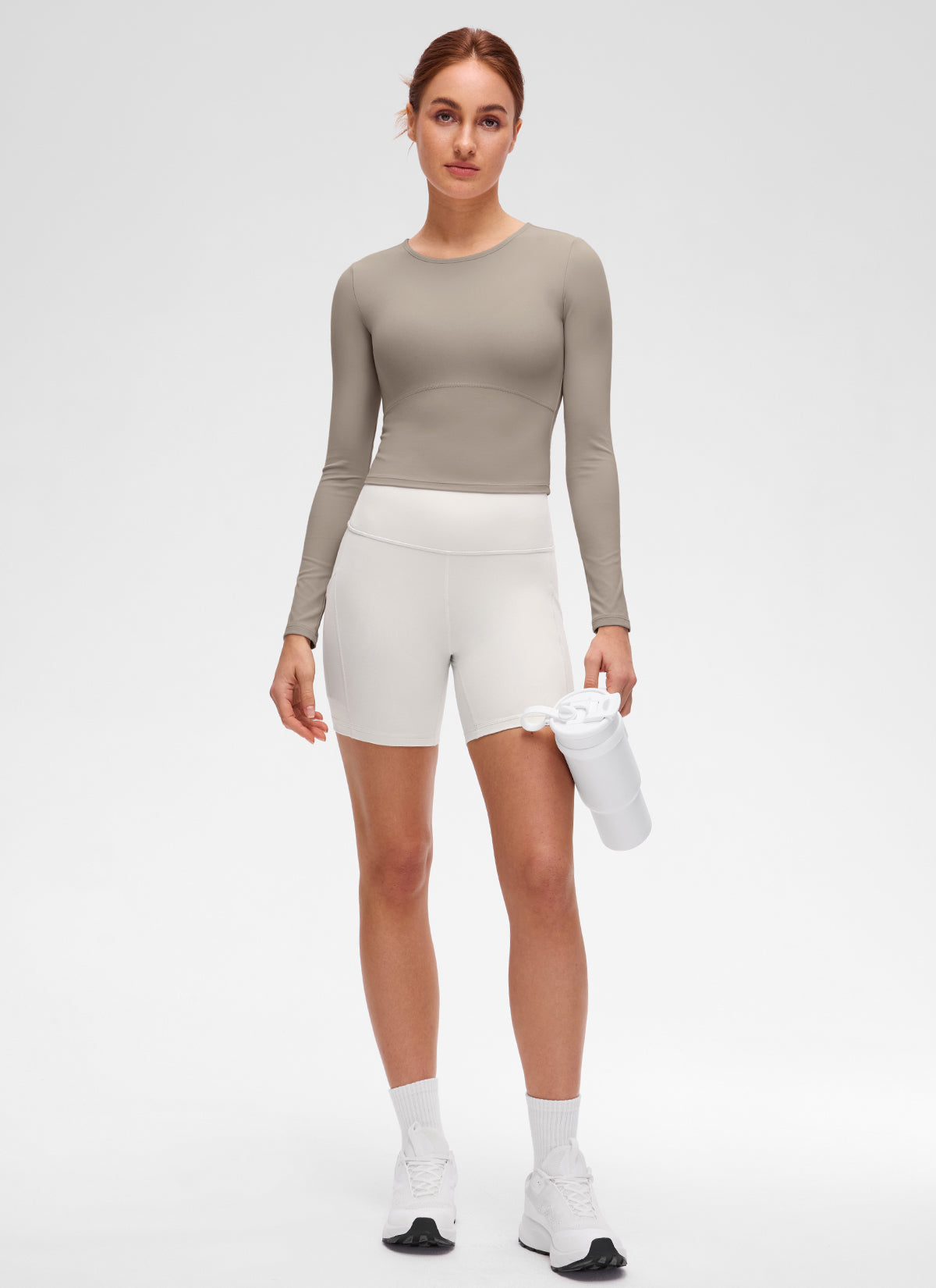 CRZ YOGA Women's Slim Fit Yoga Butterluxe Crop Long Sleeves Front Seam Warm Ash Grey @model_info:Anja