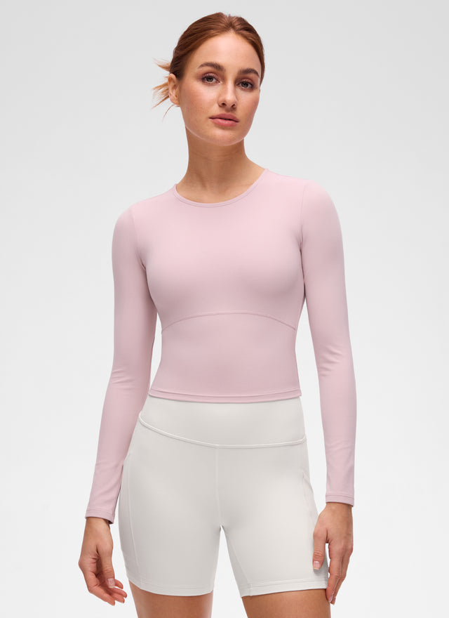 CRZ YOGA Women's Slim Fit Yoga Butterluxe Crop Long Sleeves Front Seam Pink Haze @model_info:Anja