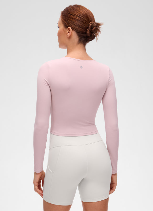 CRZ YOGA Women's Slim Fit Yoga Butterluxe Crop Long Sleeves Front Seam Pink Haze @model_info:Anja