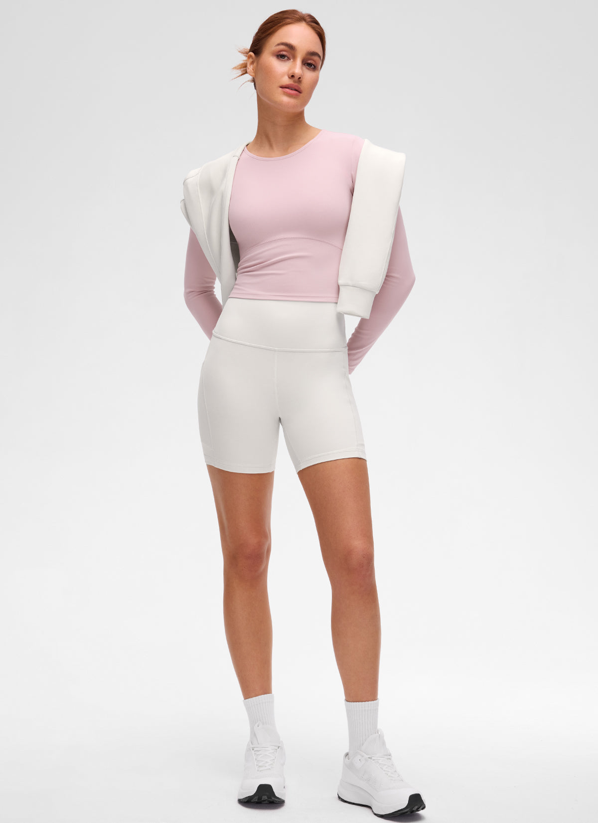 CRZ YOGA Women's Slim Fit Yoga Butterluxe Crop Long Sleeves Front Seam Pink Haze @model_info:Anja