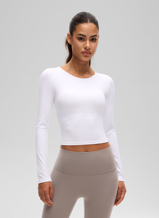 CRZ YOGA Women's Slim Fit Yoga Butterluxe Crop Long Sleeves Front Seam White