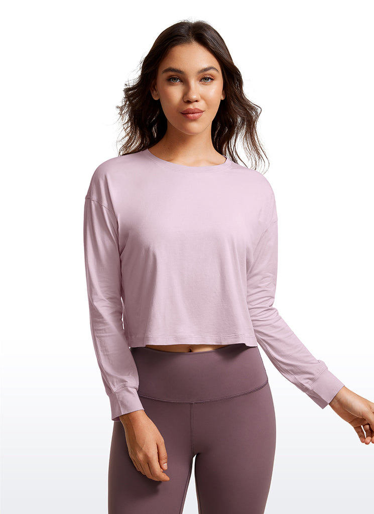 CRZ YOGA Women's Yoga Loose Fit Tops Pima Cotton Cropped Long Sleeve Granita Pink