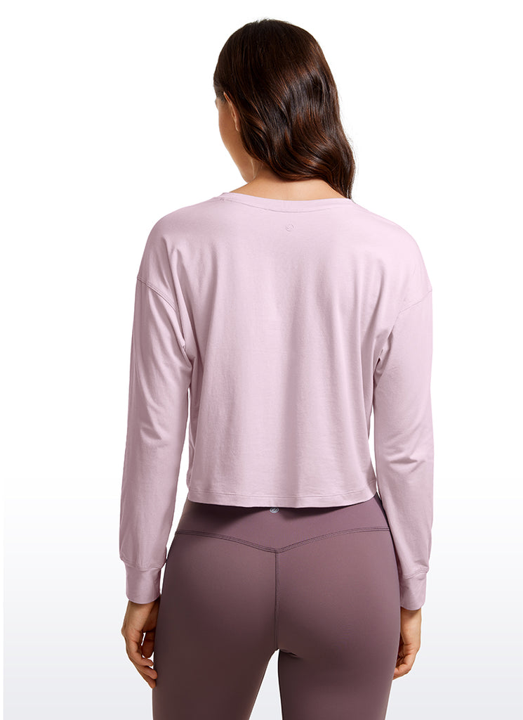CRZ YOGA Women's Yoga Loose Fit Tops Pima Cotton Cropped Long Sleeve Granita Pink