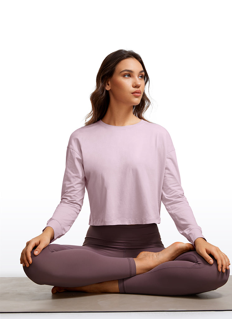 CRZ YOGA Women's Yoga Loose Fit Tops Pima Cotton Cropped Long Sleeve Granita Pink