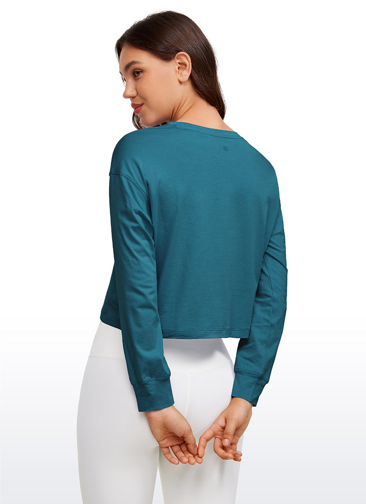 CRZ YOGA Women's Yoga Loose Fit Tops Pima Cotton Cropped Long Sleeve Tinsel Purple