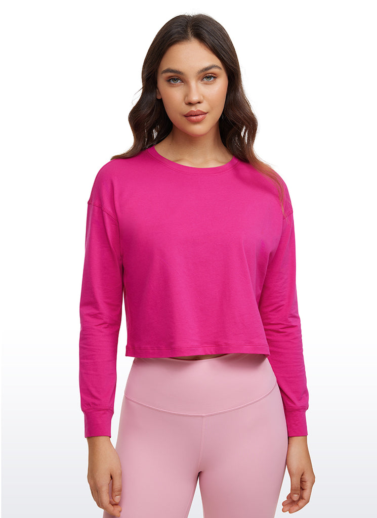 CRZ YOGA Women's Yoga Loose Fit Tops Pima Cotton Cropped Long Sleeve White