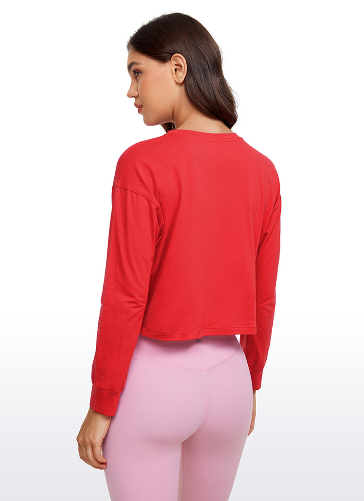 CRZ YOGA Women's Yoga Loose Fit Tops Pima Cotton Cropped Long Sleeve Mocha Mousse