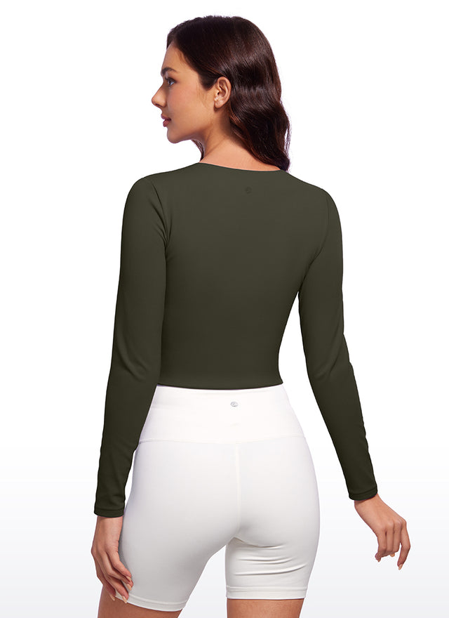 CRZ YOGA Women's Yoga Casual Tight Fit Butterluxe Cropped Long Sleeves Olive Green