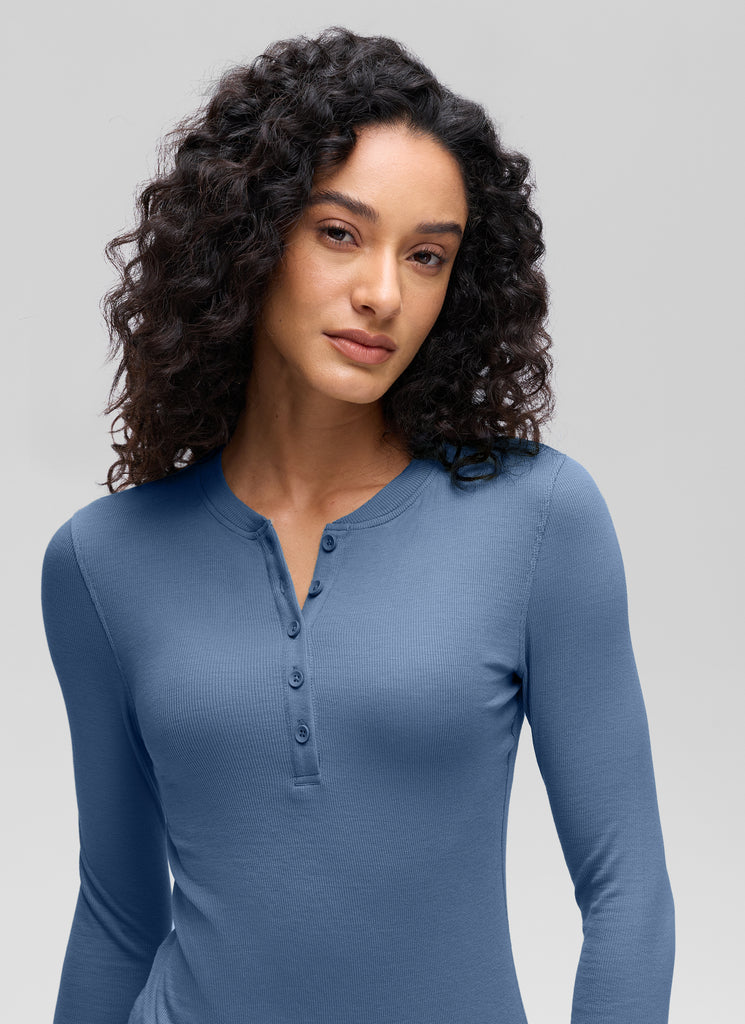 CRZ YOGA Womens Fitted Casual Ribbed Modal Henley Shirts Long Sleeves Pink Peony