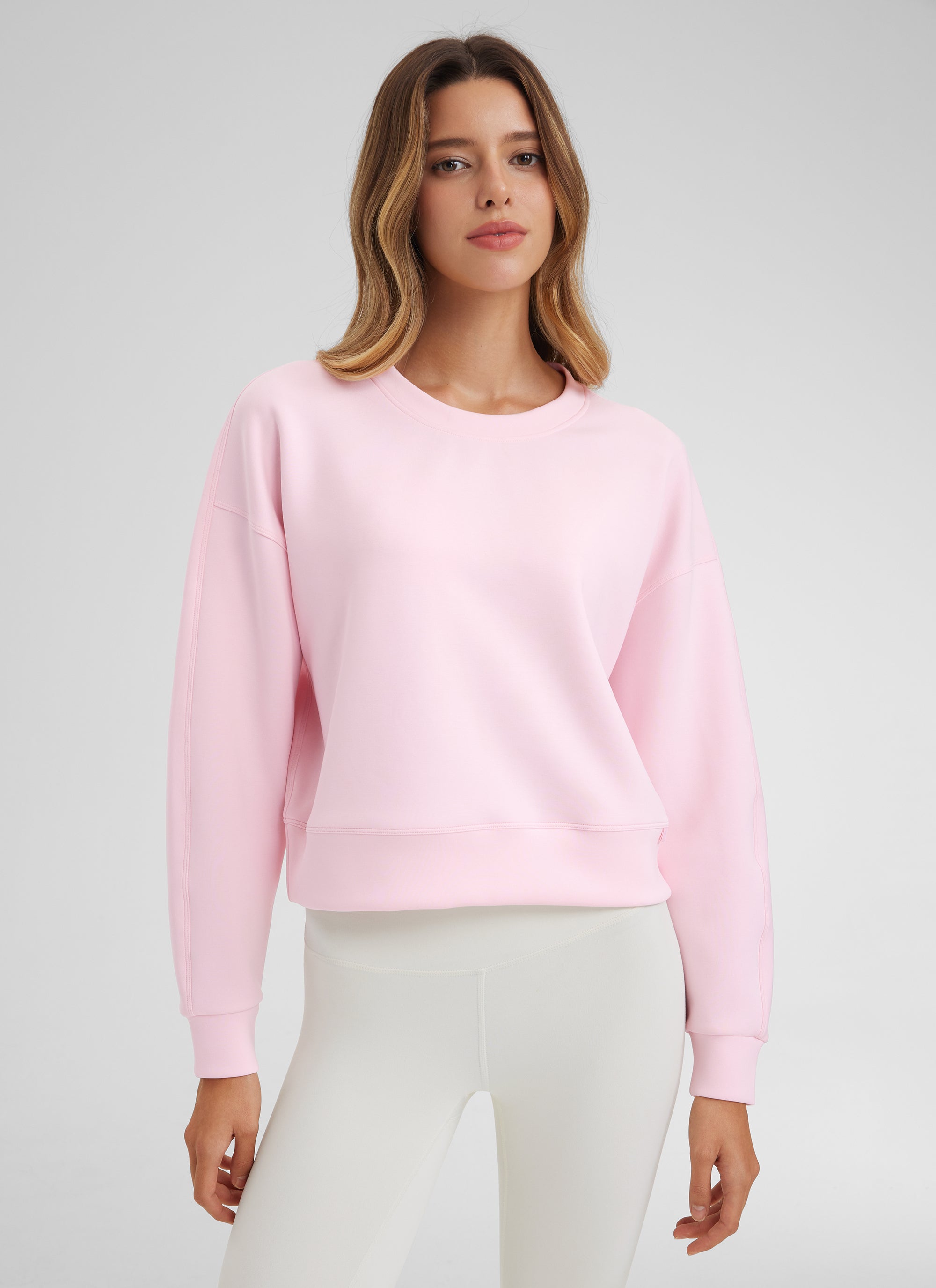 CRZ YOGA Womens SoftAura Basic Casual Sweat Shirt Crew Neck Pullover Strawberry Pink @model_info:Isa