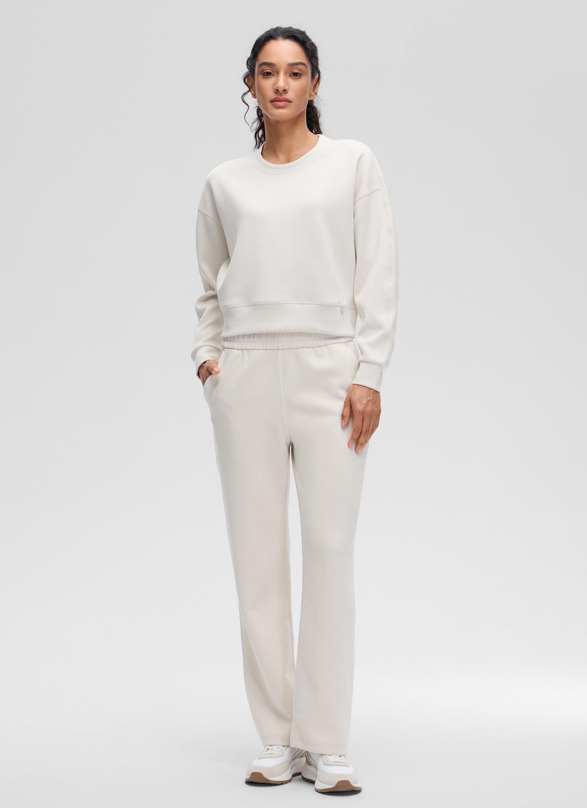 CRZ YOGA Womens SoftAura Basic Casual Sweat Shirt Crew Neck Pullover Milky White @model_info:larissa