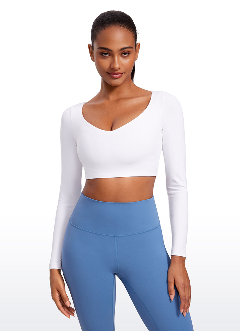 CRZ YOGA Women's Butterluxe Double Lined Long Sleeve V Neck Cropped White @model_info:Lais