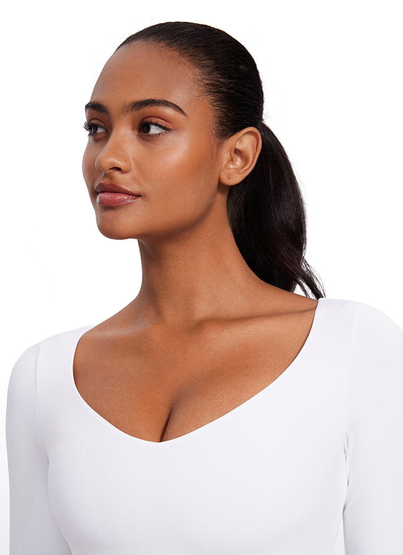 CRZ YOGA Women's Butterluxe Double Lined Long Sleeve V Neck Cropped White @model_info:Lais
