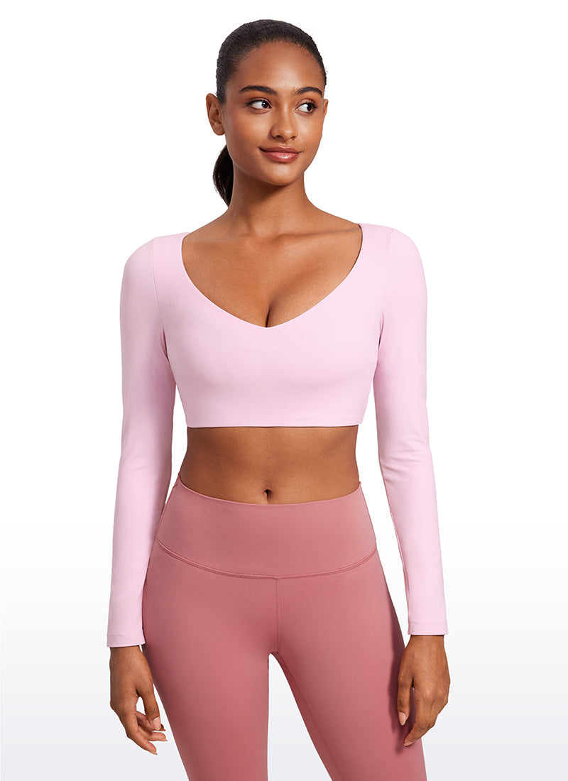 CRZ YOGA Women's Butterluxe Double Lined Long Sleeve V Neck Cropped Pink Peony @model_info:Lais