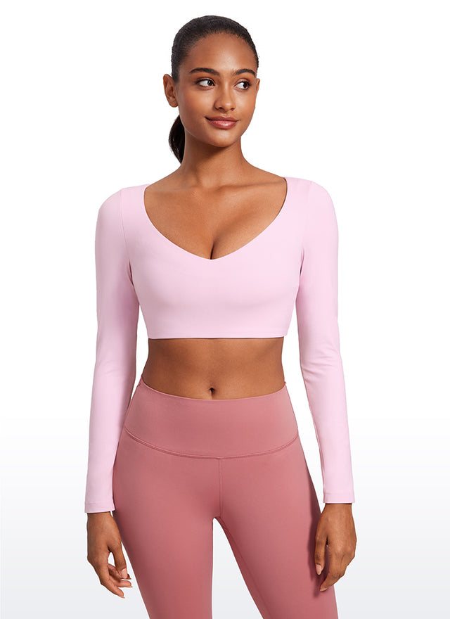CRZ YOGA Women's Butterluxe Double Lined Long Sleeve V Neck Cropped Pink Peony @model_info:Lais