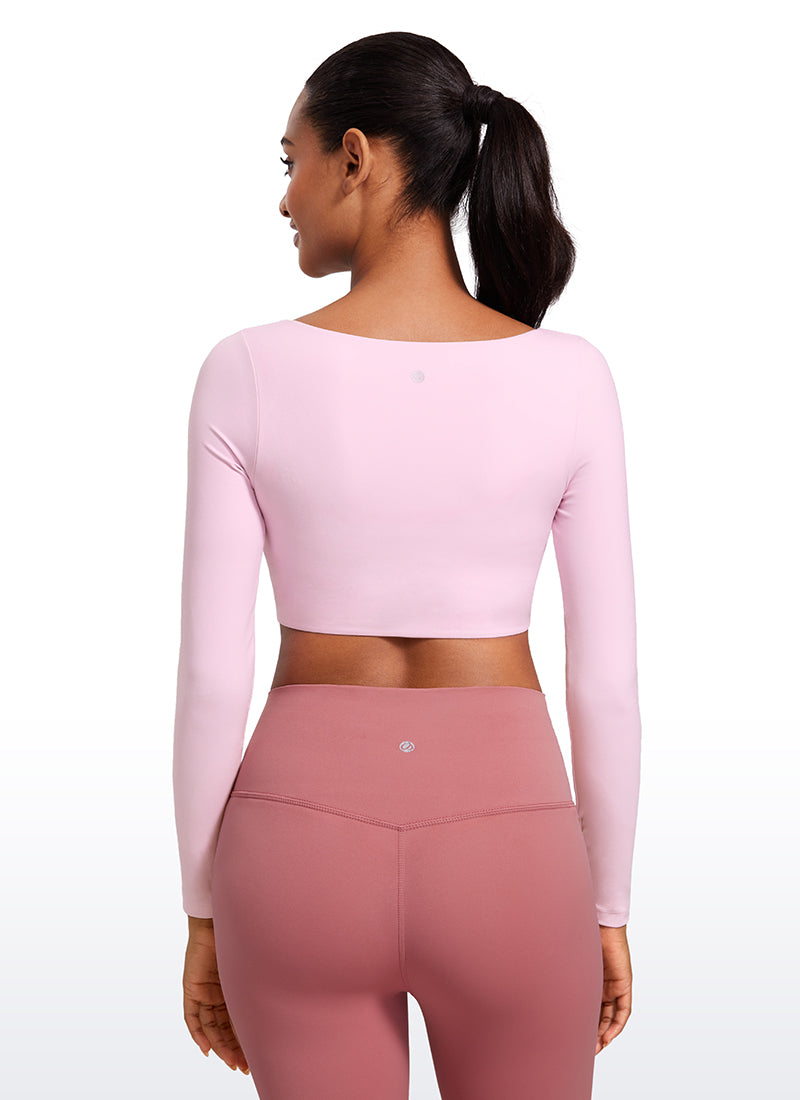 CRZ YOGA Women's Butterluxe Double Lined Long Sleeve V Neck Cropped Pink Peony @model_info:Lais