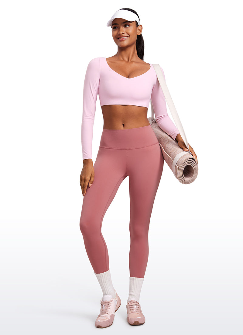 CRZ YOGA Women's Butterluxe Double Lined Long Sleeve V Neck Cropped Pink Peony @model_info:Lais