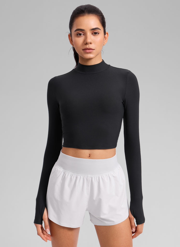 CRZ YOGA Women's Cloudweight Mock Neck Crop Tight Fit Long Sleeve True Navy