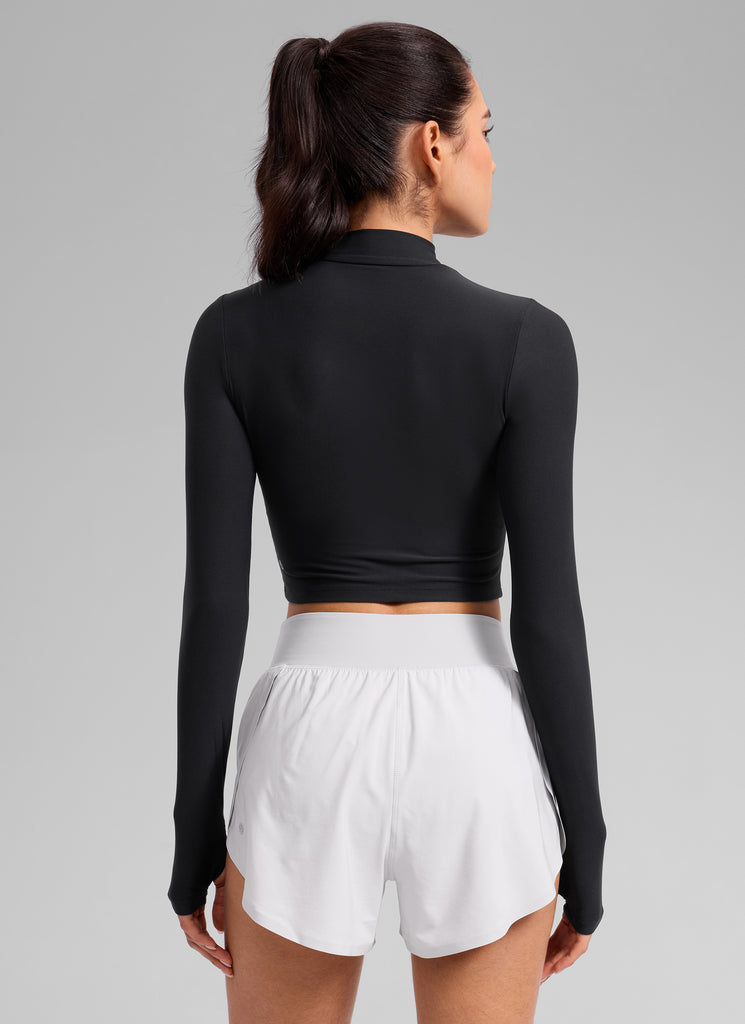 CRZ YOGA Women's Cloudweight Mock Neck Crop Tight Fit Long Sleeve True Navy