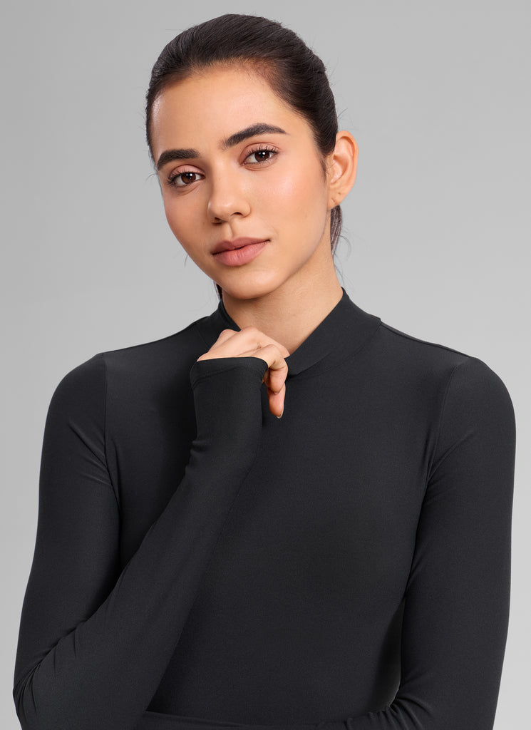 CRZ YOGA Women's Cloudweight Mock Neck Crop Tight Fit Long Sleeve Black