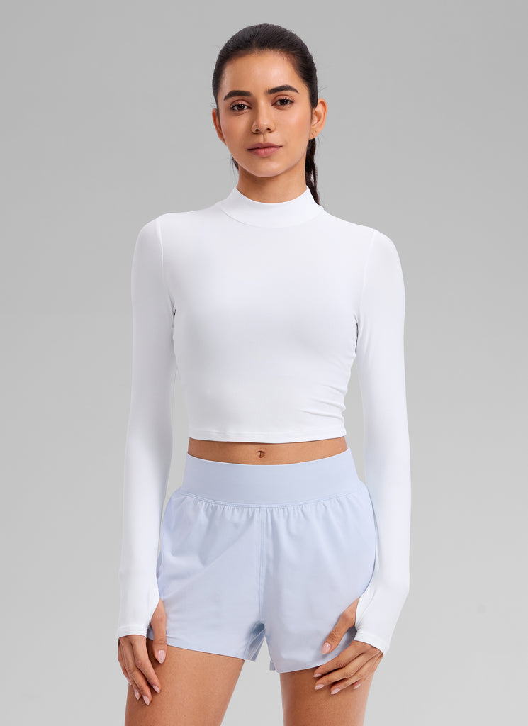 CRZ YOGA Women's Cloudweight Mock Neck Crop Tight Fit Long Sleeve Black