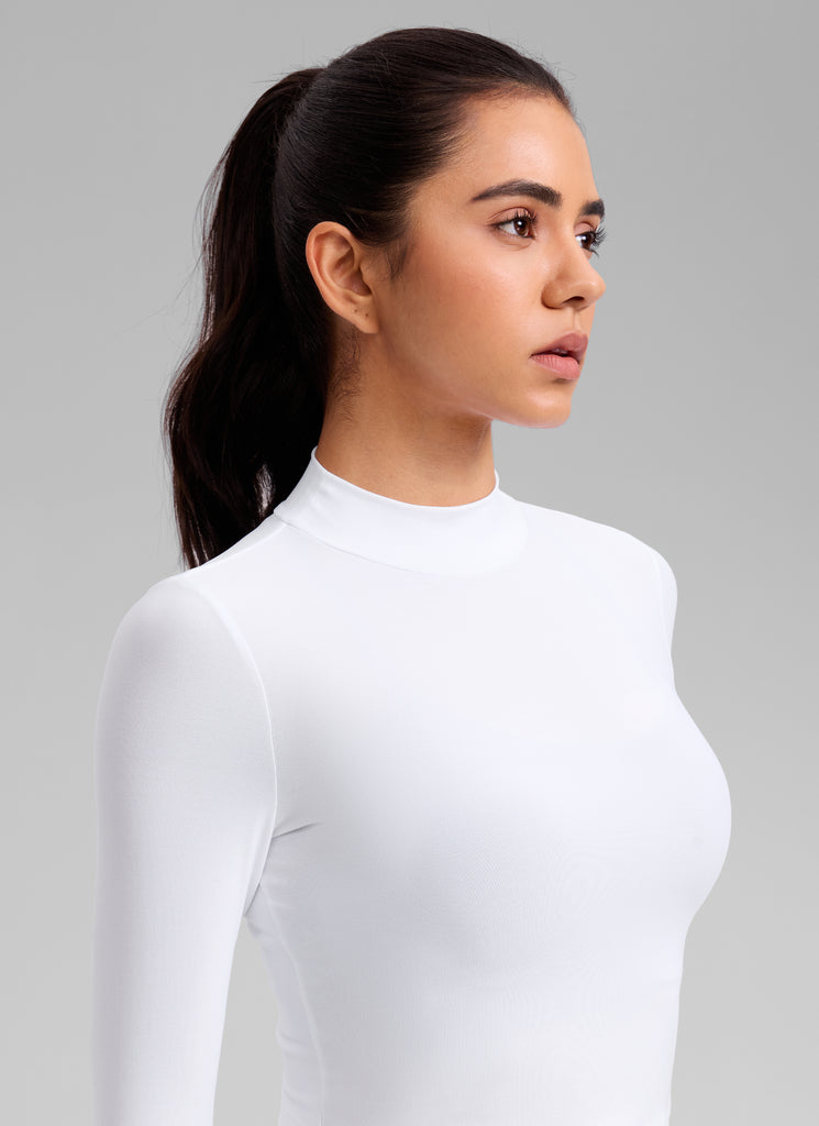 CRZ YOGA Women's Cloudweight Mock Neck Crop Tight Fit Long Sleeve White