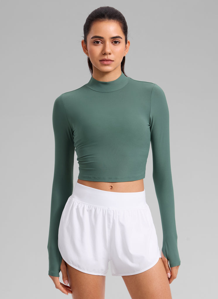 CRZ YOGA Women's Cloudweight Mock Neck Crop Tight Fit Long Sleeve Graphite Green