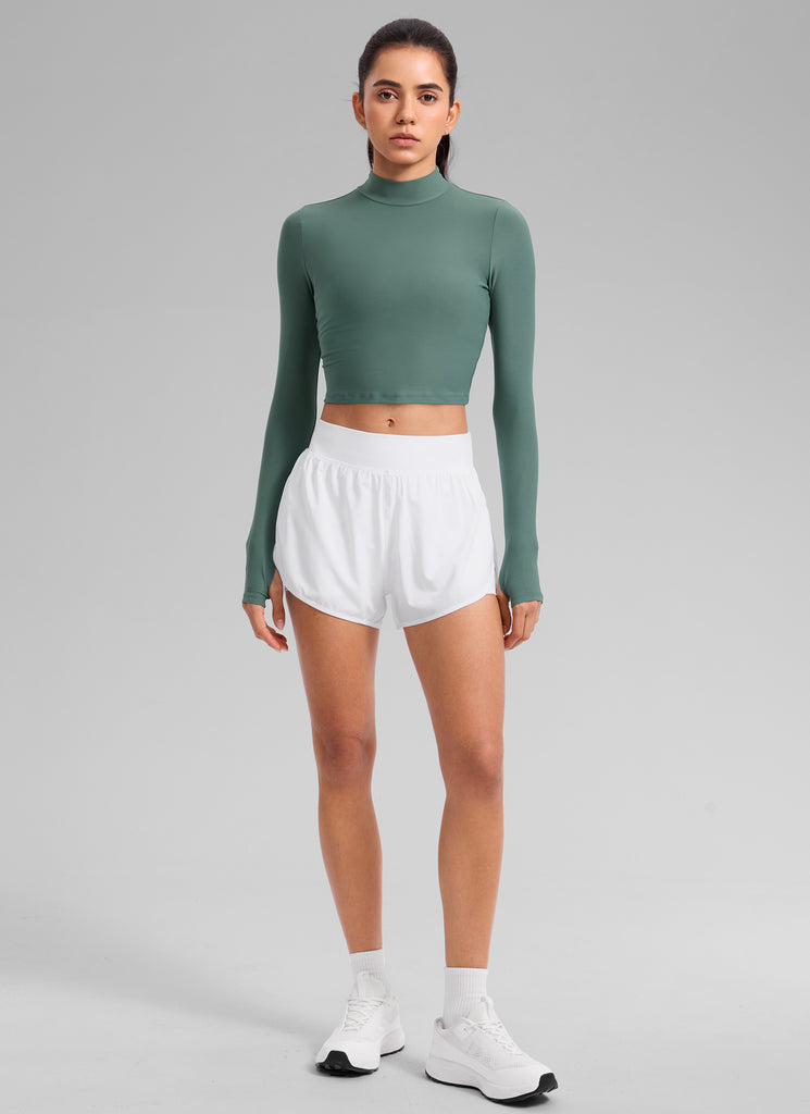 CRZ YOGA Women's Cloudweight Mock Neck Crop Tight Fit Long Sleeve Graphite Green