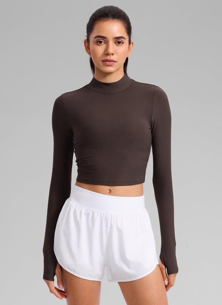 CRZ YOGA Women's Cloudweight Mock Neck Crop Tight Fit Long Sleeve Graphite Green