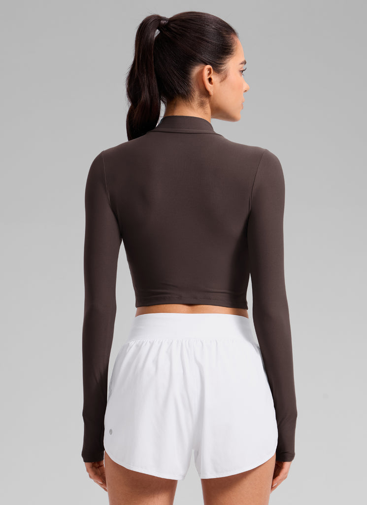 CRZ YOGA Women's Cloudweight Mock Neck Crop Tight Fit Long Sleeve Hot Fudge Brown
