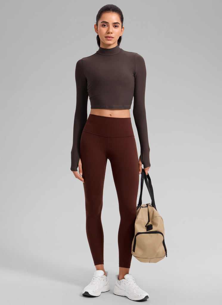 CRZ YOGA Women's Cloudweight Mock Neck Crop Tight Fit Long Sleeve Hot Fudge Brown