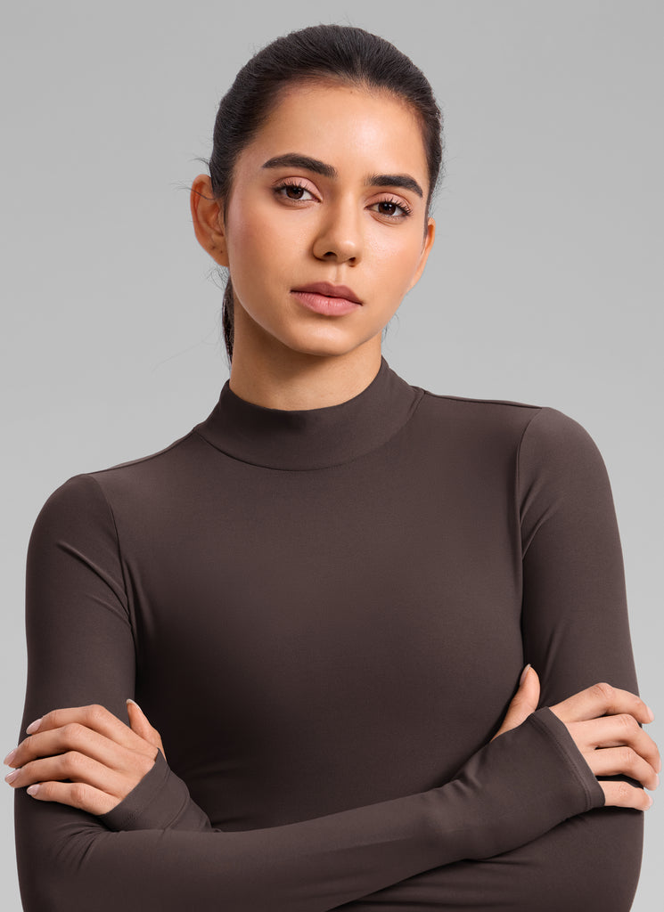 CRZ YOGA Women's Cloudweight Mock Neck Crop Tight Fit Long Sleeve Hot Fudge Brown