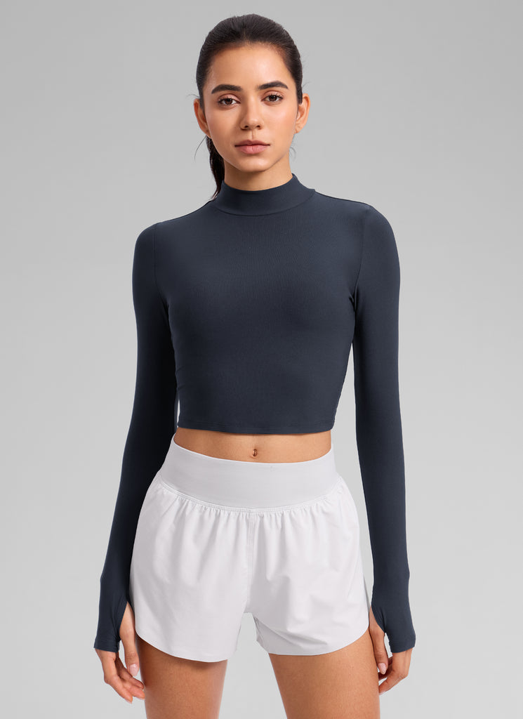 CRZ YOGA Women's Cloudweight Mock Neck Crop Tight Fit Long Sleeve Hot Fudge Brown