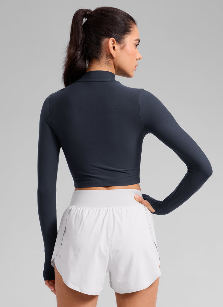 CRZ YOGA Women's Cloudweight Mock Neck Crop Tight Fit Long Sleeve Hot Fudge Brown