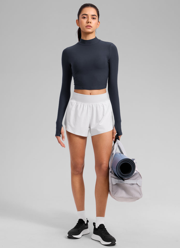 CRZ YOGA Women's Cloudweight Mock Neck Crop Tight Fit Long Sleeve True Navy