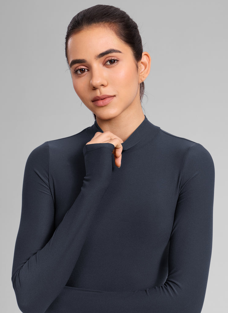 CRZ YOGA Women's Cloudweight Mock Neck Crop Tight Fit Long Sleeve True Navy