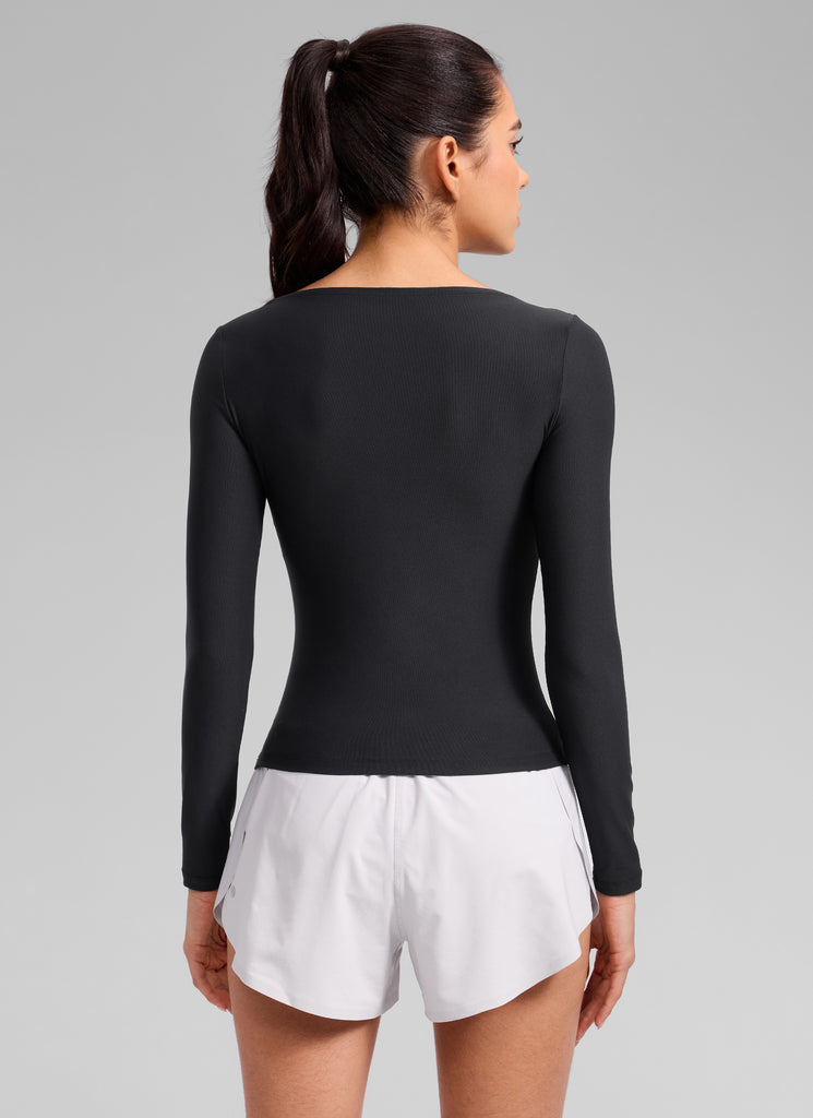 CRZ YOGA Women's Cloudweight Casual Boat Neck Tight Fit Long Sleeve Black