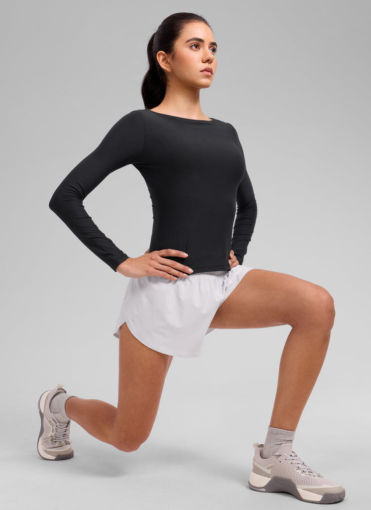 CRZ YOGA Women's Cloudweight Casual Boat Neck Tight Fit Long Sleeve Black