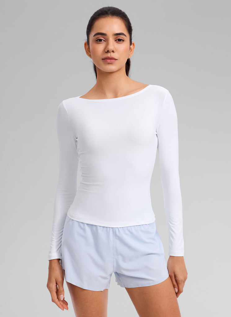 CRZ YOGA Women's Cloudweight Casual Boat Neck Tight Fit Long Sleeve Black