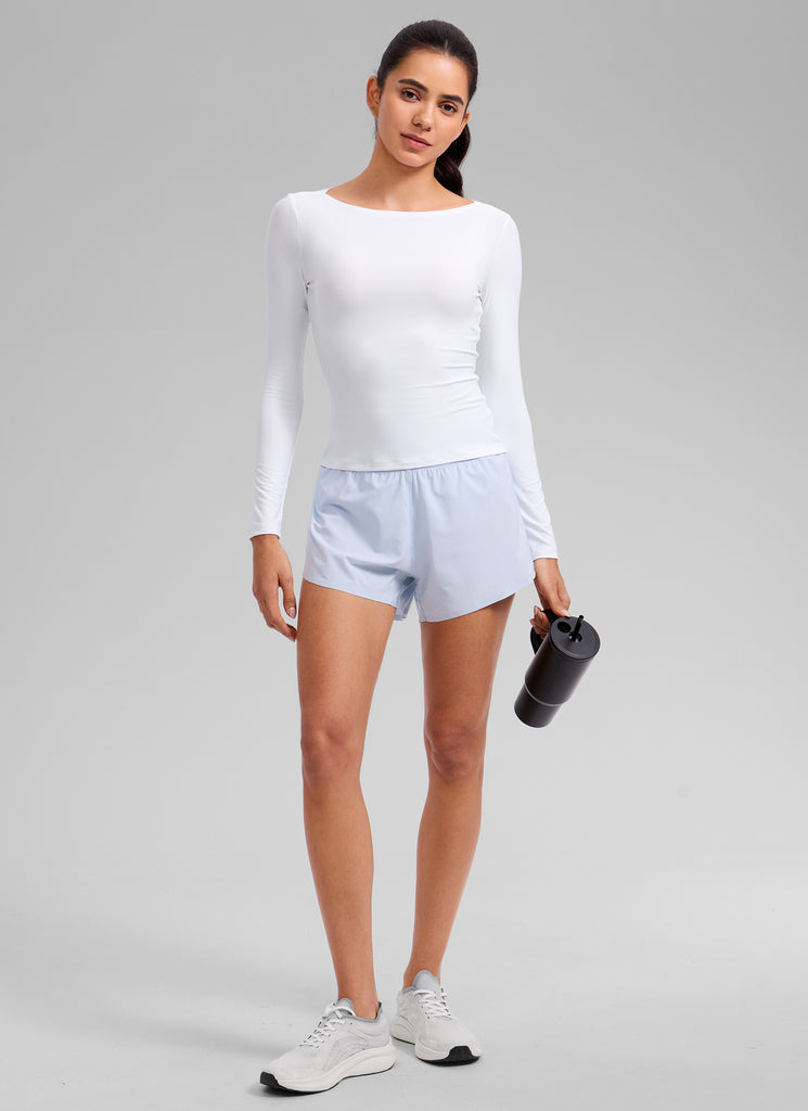 CRZ YOGA Women's Cloudweight Casual Boat Neck Tight Fit Long Sleeve White