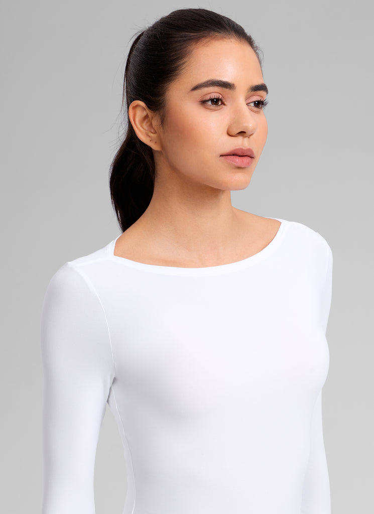 CRZ YOGA Women's Cloudweight Casual Boat Neck Tight Fit Long Sleeve White