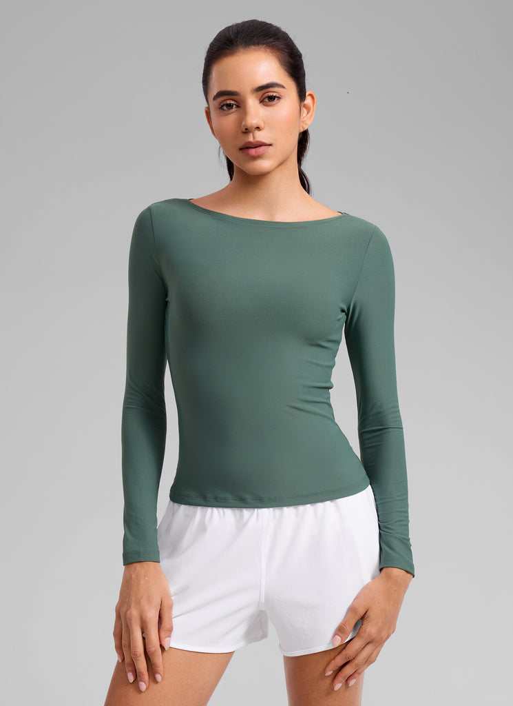 CRZ YOGA Women's Cloudweight Casual Boat Neck Tight Fit Long Sleeve White