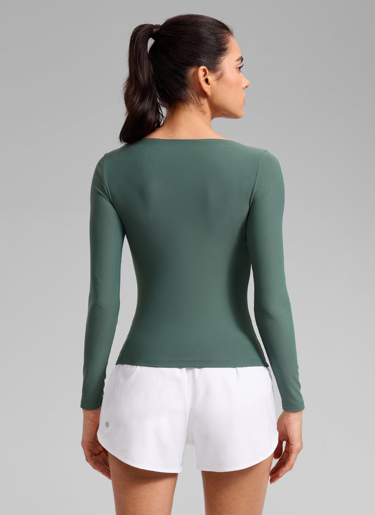 CRZ YOGA Women's Cloudweight Casual Boat Neck Tight Fit Long Sleeve White