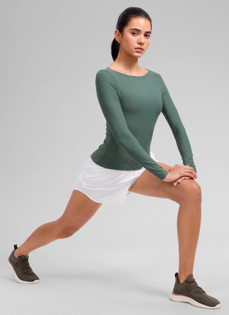 CRZ YOGA Women's Cloudweight Casual Boat Neck Tight Fit Long Sleeve White