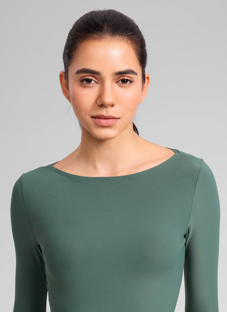 CRZ YOGA Women's Cloudweight Casual Boat Neck Tight Fit Long Sleeve White