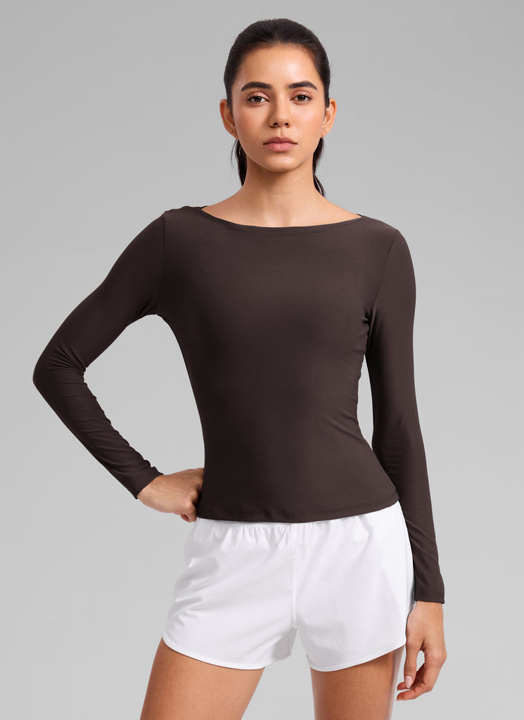 CRZ YOGA Women's Cloudweight Casual Boat Neck Tight Fit Long Sleeve Graphite Green