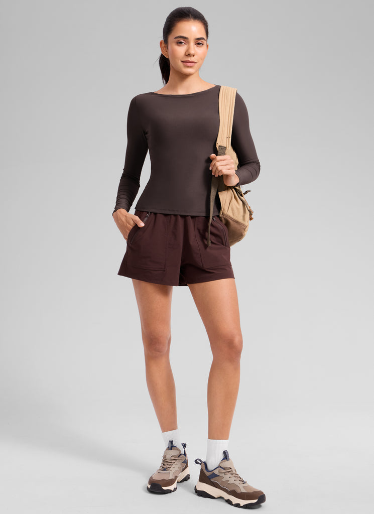 CRZ YOGA Women's Cloudweight Casual Boat Neck Tight Fit Long Sleeve Graphite Green