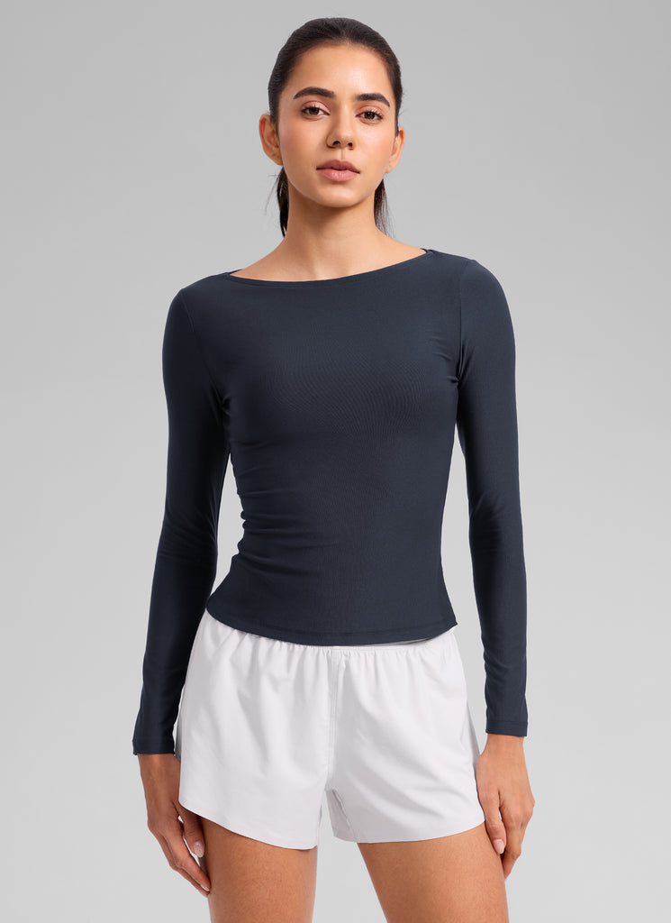 CRZ YOGA Women's Cloudweight Casual Boat Neck Tight Fit Long Sleeve Graphite Green