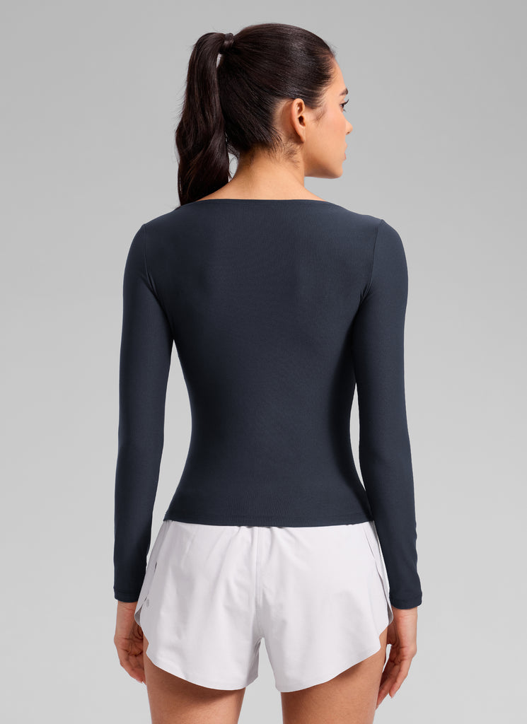 CRZ YOGA Women's Cloudweight Casual Boat Neck Tight Fit Long Sleeve Graphite Green