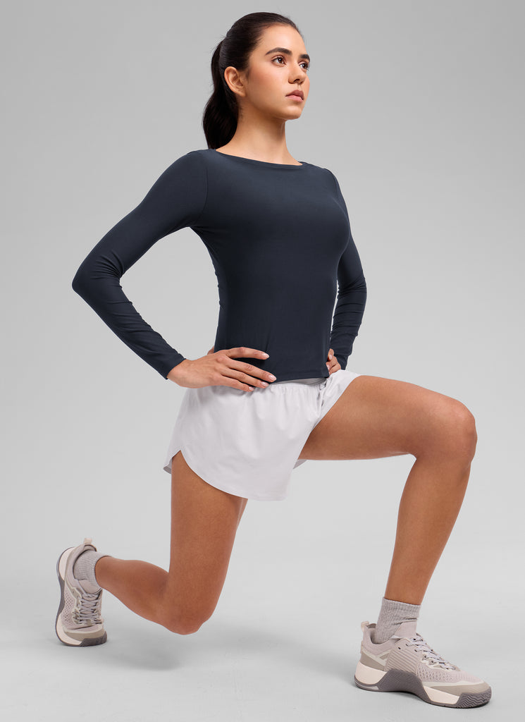 CRZ YOGA Women's Cloudweight Casual Boat Neck Tight Fit Long Sleeve Hot Fudge Brown